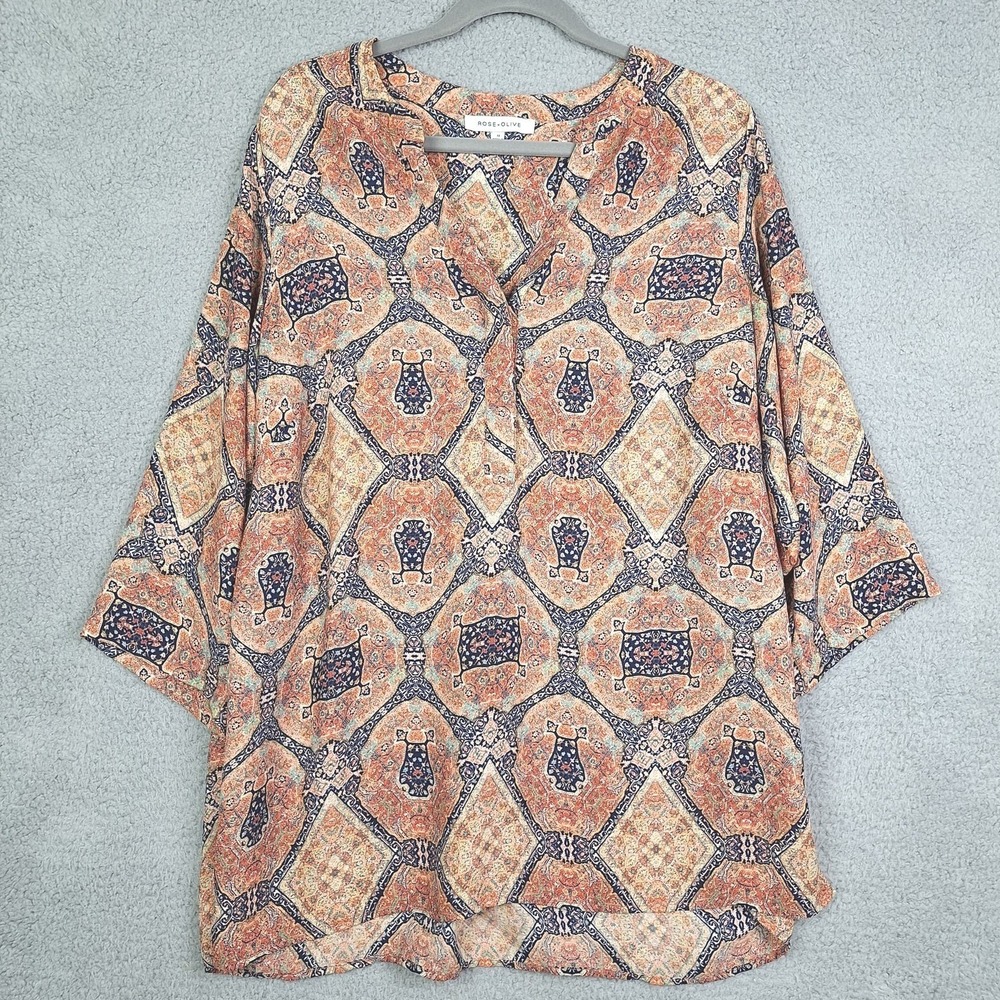 Rose + Olive‎ Blouse Womens 1X Orange Navy Medallion Geometric Print Boho